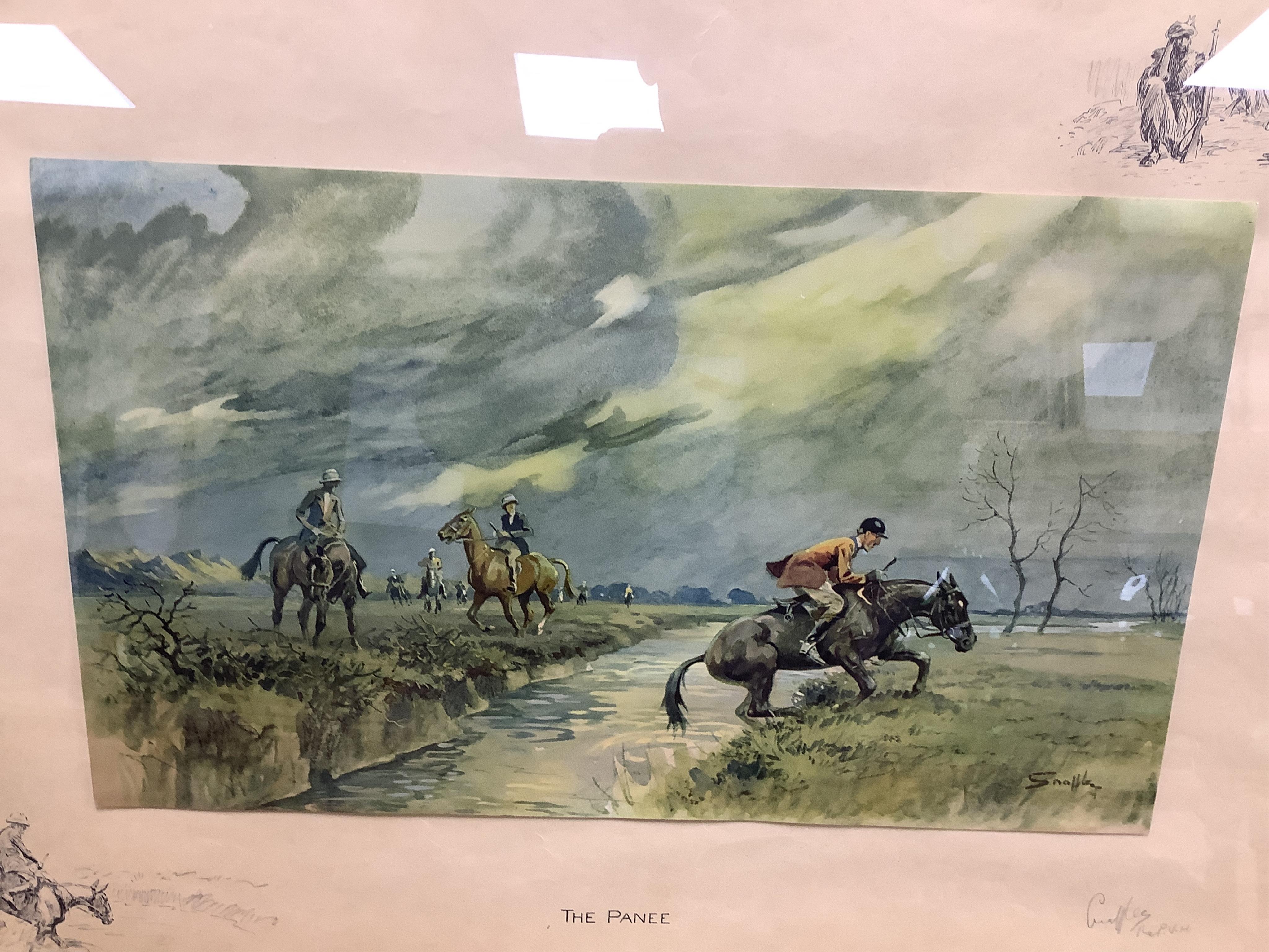 Charles Johnson Payne (1884-1967) 'Snaffles', three colour prints, 'The Informers', 'Peshawar Vale' and 'The Panee', each signed in pencil, two with 'horse bit' blind stamps, largest 50 x 73cm. Condition - fair, some dis